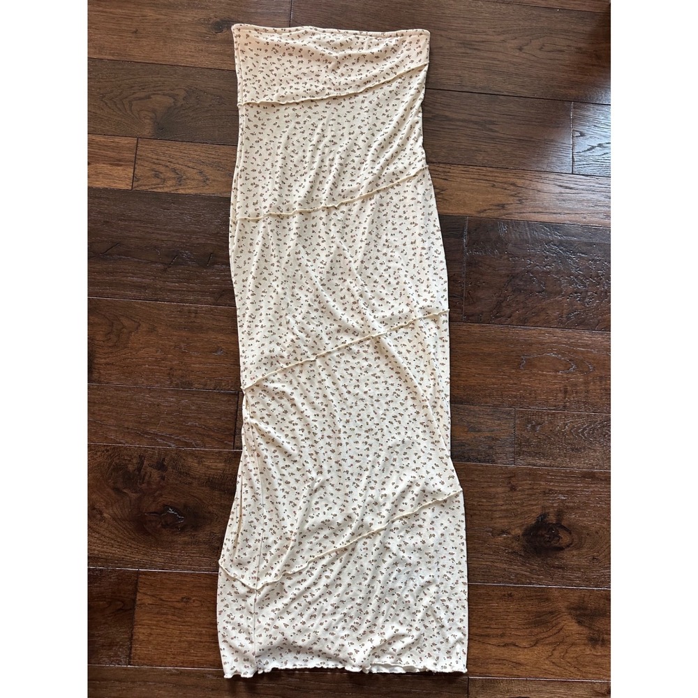 Edikted Floral Tube Dress Cream Ribbed Lettuce Edge Seam Strapless Maxi Womens L